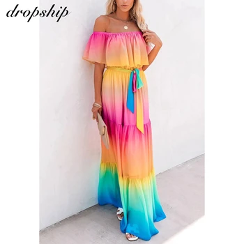 Dropship Tie Dye Beach Kõrge Vöökoht Naiste Kleidid 2020. Aasta Suvel Liblikas Varruka Tiivad Seksikas Maha Õlgade Pits Üles Suur Kiik Kleit