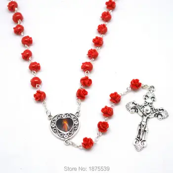 Red Coral Flower Rant Jeesuse südame medal katoliku roosipärja