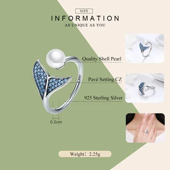 BAMOER Merineitsi Kala Saba Shell Pärl sõrmustes Naiste Reguleeritav Avatud Vaba Suurus 925 Sterling Silver Ring GXR286