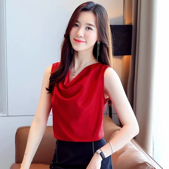 Korea Silk Naiste Pluusid Topid Naistele Satiin Pluus-Särk Naine Varrukateta V-Kaeluse Pluus Top Pluss Suurus Blusas Mujer De Moda 2020