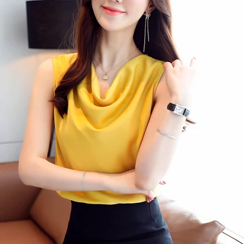 Korea Silk Naiste Pluusid Topid Naistele Satiin Pluus-Särk Naine Varrukateta V-Kaeluse Pluus Top Pluss Suurus Blusas Mujer De Moda 2020