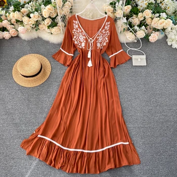 Naiste Puhkus Vintage Tikandid V-kaeluse Tassled Pits-up Lühike Põletatud Varrukad Elegantne Kleit Vestidos De Fiesta M792