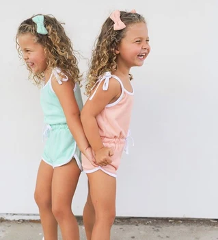 1-6Years Summer Baby Tüdrukud, Silmkoelised Riiete komplekt Varrukateta rihm Romper ühes tükis Kombekas Puuvill Varustus 4 värvi