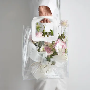 1tk Läbipaistev PVC Kotid, millel on Käepide Flower Arrangement Kotid Pool Soosib Kingitus Kotid