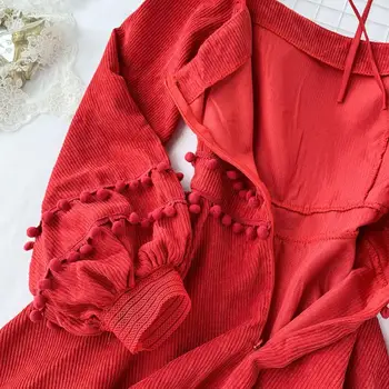 2019 uus mood naiste prantsuse retro naiste populaarne temperament square krae laterna varruka punane kleit