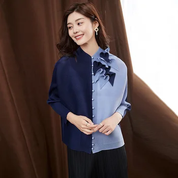 2020. aasta sügisel kolme-mõõtmeline õmblemine plisseeritud T-särk koos helmed pikad varrukad korea fashion nuppu üles esteetiline lilled tops
