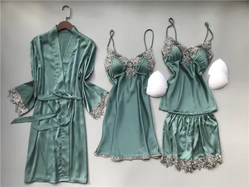 2020. aasta Viimane Suvine Naiste Pajama Komplekti 4 Tk Seksikas Pits Pidžaamad Naiste Satiin Siidist Sleepwear Elegantne Pijama koos Rinna Padjad Homewear