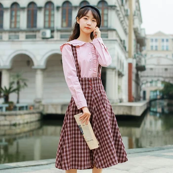 2021 Jaapani Mori Tüdruk Naiste Kevad Sundress Traksid Ruuduline Vintage Varrukateta Kleit Elegantne Armas Kawaii Preppy Stiilis Kleidid