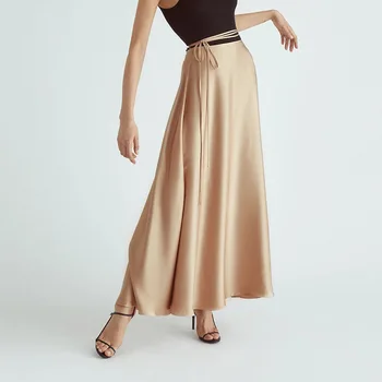2021 Kevadel Kõrge Vöökoht Vintage Naiste-Line Pikk Seelik Mood Puhta Värvi Pits-Up Disain Pikk Seelik Faldas Jupe Femme Saia