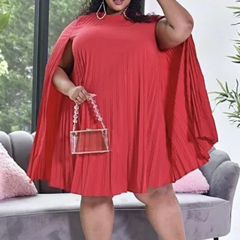 2xl Naiste Pluss Suurus Plisseeritud Kleit Sinine Punane Juhuslik Rida Mini Rüü Aafrika Mood Pool OL 2021 Suvel Seista Krae-Suurpärase