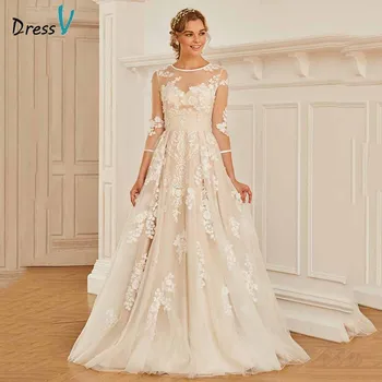 Dressv elegantne pulm kleit pluss suurus kaela 3/4 varrukad pits appliques nuppu põranda pikkus pruudi väljas&kirikus pulmad kleidid