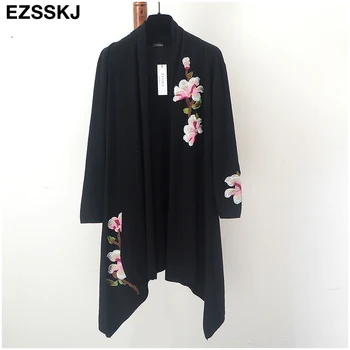 Elegantne nööbitavad kampsunid sviiter varjatud mantel naistele lille tikandid kimono sügis-talv pikk naine overcoat pikad varrukad trentš
