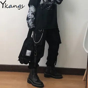 Gooti Harajuku Streetwear Naiste Vabaaja Haaremi Püksid Kett Solid Black Cargo Püksid Lahe Mood Hip-Hop Pikad Püksid Capris
