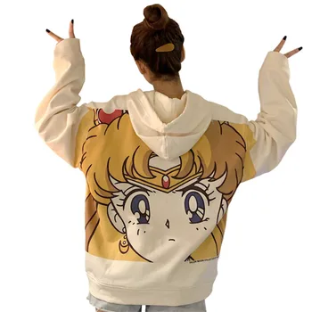 Harajuku Sailor Moon Cartoon Prindi Topp Naiste Lahtised Vabaaja Armas Tasku Pika Varrukaga Pullover Topid Riided Streetwear Dressipluus