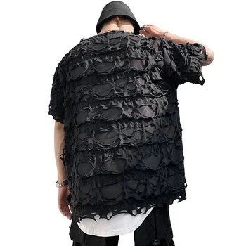 Hip-Hop Meeste T-Särk Õnnetud Auk Fashion Streetwear T-särk Ripitud Murda Harajuku Liiga Suvel Top Tees Must Tshirt