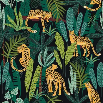 Kardin Leopardid Troopilise Metsa Puude Lehed Metsik Loodus Eksootiline Džungel Öösel Vaadata Trükitud Oranž Roheline Must