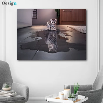 Kass, Tiiger Peegeldus Loomade Naljakas Plakat Lihtne Lõuend Art Print Motiveerivat Paiting Seina Pilt elutuba Teenetemärgi