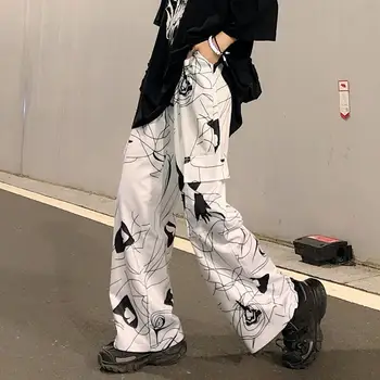 Lai Jalg Püksid Kottis Püksid 3D Geomeetriline Trükitud Naiste Elastne Vöökoht Lahti Hip-Hop Streetwear Harajuku Grunge Tumedad Püksid Unisex