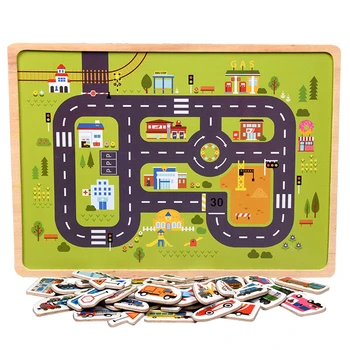 Laste Puidust Stseeni Mänguasja Auto Farm Magnet kolmemõõtmeline Puzzle Magnet Puidust Puzzle Liikluse Loomade Vabatahtlik