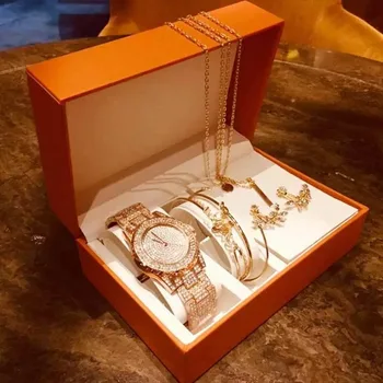Luksus Kellad Set Naiste Teemant Rhinestone Quartz Watch Loominguline Jätab Kaelakee, Käevõrud, Kõrvarõngad, Vaata Kingitused komplekti Naistele