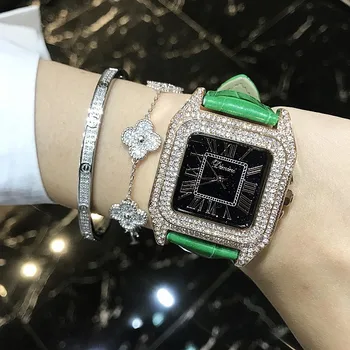 Luksus Täielik Teemant Naiste Square Käevõru Kellad Daamid Mood Nahast Rihm Rhinestone Quartz Watch Uus Elegantne Naiste Kell