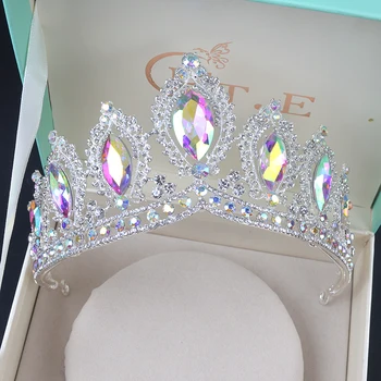 Luksus Vintage hõbe AB Pulm Crown Sulamist Pruudi Tiara Barokk Kuninganna Kuninga Kroon marquise Rhinestone pool ringi Tiara Kroon