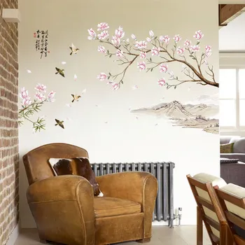 Magpie Peach Blossom Seina Kleebised Hiina Stiilis Tapeet, elutoas TV Taust Seina Kaunistamiseks isekleepuvad Magamistuba Decor