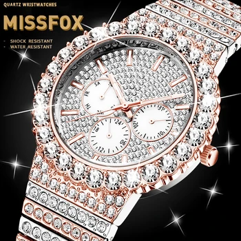 Mens Rose Gold Watch Chronograph MISSFOX Kallis Kellad Veekindel Suur Teemant Helendav Kvarts Uus Äri Casual Kellad