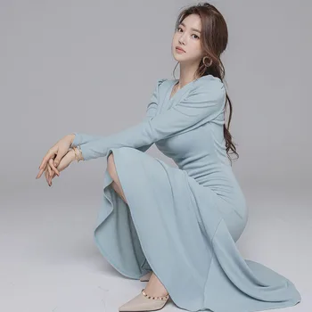 Naiste Elegantne Tahke Pikk Korea Stiilne Pikk Varrukas Vabaaja Kootud Kampsun Kleit Rüü