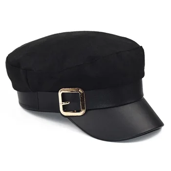 Naiste Must Sõjaväe Mütsid Sügis-Talvine Mood Villa Pu Nahk Segast Newsboy Mütsid Koos Vöö Naine Gorras Daamid Barett Mütsid