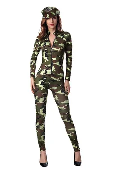 Naiste Sexy Armee Sõjaväe Õhujõudude Piloot Lennu Kamuflaaž Bodysuit Kostüüm Ees Sulgemine Catsuit Kombekas Ühtne Lady
