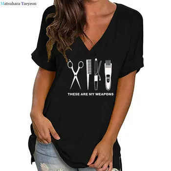 Naiste Tshirt Hipster Juuksur Relva Print Särk Särk Särk Harajuku T-Särk Tops V-Kaeluse Puuvillased Lühikesed Varrukad 2020 Pluss suurus