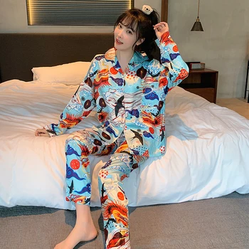 Pikad Varrukad Siidist Pidžaama Lillede Prindi Sleepwear 2020. Aasta Sügis-Talvel Naiste Nightwear Vabaaja Kodu Riie Pehme Pidžaama Tüdruk