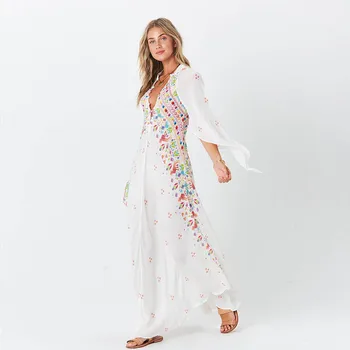 Pikk Kimono Kleit 2020. Aasta Sügisel Põletatud Varrukas, V-Kaelus Õie Printida Kleit Naiste Vabaaja Lahti Bohe Beach Maxi Kleit Rüü Femme