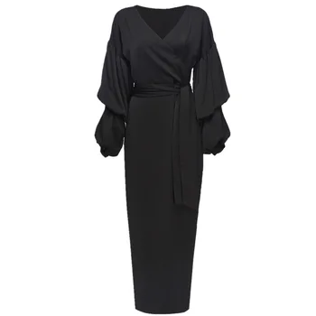 Riided UVRCOSclothing UVRCOS 2020. aasta Uus Mull Varrukas, Slim Elegantne V-kaelus Kleit värviga kleit