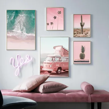 Roosa Taevas Rand Meri Cactus Auto Maastiku Seina Art Lõuend Maali Nordic Plakatid Ja Pildid Seina Pildid Elutuba Decor
