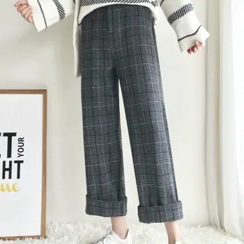 Ruuduline Naiste Püksid Pluss Suurus Lai Jalg Slim Uudne Kõrge Vöökoht Sweatpants Vintage Hea Kangast Püksid Naiste Tweed Korea Fashion