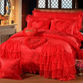 Satiin Siidist tikitud jacquard Roosa Punane pits pulm voodipesu komplekti,Luxury Silk tekikott,voodipesu,voodi lehel,housse de cuette
