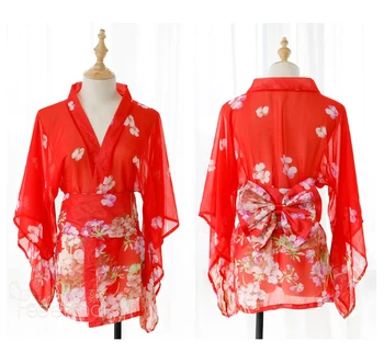 Seksikas, Sügav V-kaelus Kimono Jaapani Traditsioonilise Jaapani Naiste Lilleline Trükitud Nightwear Lühikese Vann Rüü Sleepwear erootiline Magamistuba ujub