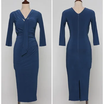 Sinine Professional Office Lady Kleit 2021 Kevad Lihtne Kõrge Piha Ümber Pingul Pliiats Kleit Seksikas V-Kaelus Elegantne Pool Kleit Naistele