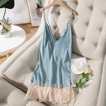 Spagetid Rihm Nightdress Naiste Suvel Uus Satiin Nightgowns Pits Segast Sleepwear Intiimne Pesu Seksikas Hommikumantel Nightwear