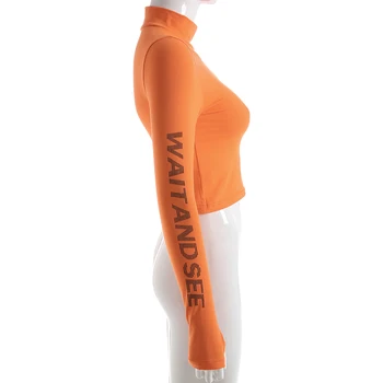 Sweetown Sügisel Basic T-Särk Naiste Sexy Pikad Varrukad Kõrge Kaelusega Tee Särk Femme Oranž Prindi Tshirt Naiste Korea Crop Top