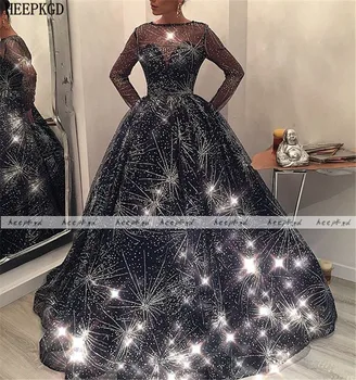 Sädelevat Musta Palli Kleit Õhtu Kleit Pikkade Varrukatega Kiip Glitter Pluss Suurus Araabia Naised Ballile Hommikumantlid Rüü De Iltamat