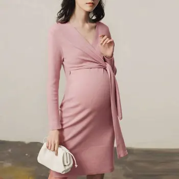 Sügisel Raseduse Kleidid roosa rasedus-kleit, pidu kleit rasedatele naistele V-kaeluse vabaajarõivaste talvel koo kleit pluss suurus vöö