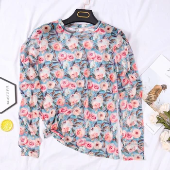 T-Särgid Naiste Õhuke Võrgusilma Pikk Varrukas Monet Flower Print Tshirt Suve Mood Läbi Näha Tops Naine Läbilöök Tee Särk