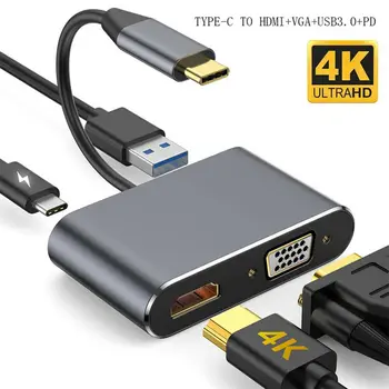 USB-C-HDMI-VGA-USB 3.0-PD3 Adapter 4 in 1 USB 3.0 Type-C-Hub 4K30hz HD Video Adapter 4K UHD Meeste ja Naiste Video Converter