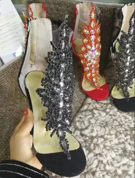 Uus mood etnilise Rhinestone õõnes Naiste Plätud flip flop õhuke kontsad Stilettos naiste seemisnahast lukuga kate kanna sandaalid Naine