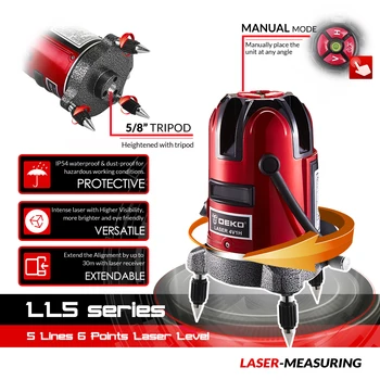 VIIMISTLUS LL5 Seeria 5 Rida Punane Laser Tasandil Füüsilisest tasandamine AA/Li-ion Aku Horisontaalne&Vertikaalne 360 Kraadi Reguleerimine Täpne Laser