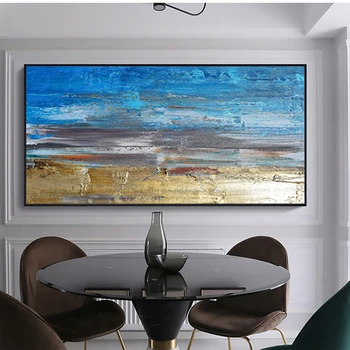 Wall decor värvimine sinine akrüül lõuend pildid elutuba abstraktse seina art käsitsi maalitud lõuend õli maalid horisontaalne
