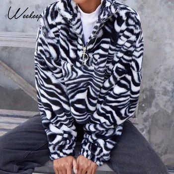 Weekeep Faux Tall Dressipluus Naistele Sebra Triibuline Printimine Teddy Pullover Tops Pikad Varrukad Lukuga Kõrge Kaelusega Vabaaja Sooja Talve 2020